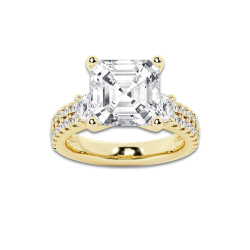 6.96 ctw Asscher Lab-Grown Diamond Three Stone Double Row Engagement Ring in 14K Yellow Gold for Women | E Color, VS1 Clarity, IGI Certified 6.00 ct Center Diamond
