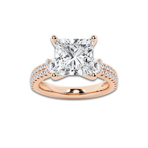 5.96 ctw Princess Lab-Grown Diamond Three Stone Double Row Engagement Ring in 14K Rose Gold for Women | D Color, VVS1 Clarity, IGI Certified 5.00 ct Center Diamond