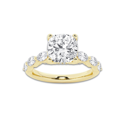 2.53 ctw Cushion Lab-Grown Diamond Marquise Side Stone Engagement Ring in 14K Yellow Gold for Women | Colorless D, VVS1 Clarity, IGI Certified 2.00 ct Center Diamond