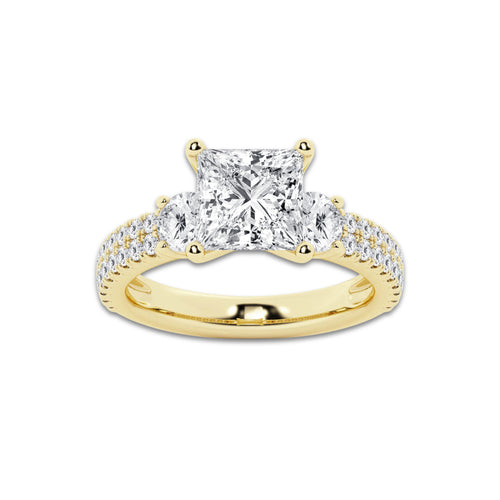 3.50 ctw Princess Lab-Grown Diamond Three Stone Double Row Engagement Ring in 14K Yellow Gold for Women | D Color, VVS1 Clarity, IGI Certified 2.50 ct Center Diamond