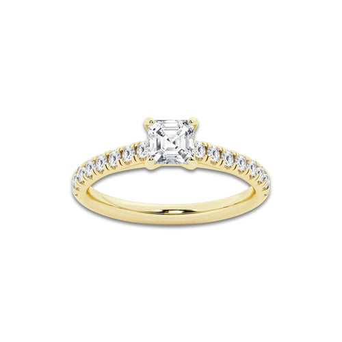 1.14 ctw Asscher Lab-Grown Diamond Pave Engagement Ring in 14K Yellow Gold for Women | E Color, VS1 Clarity, IGI Certified 0.75 ct Center Diamond