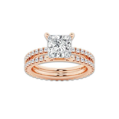3.39 ctw Princess Lab-Grown Diamond Double Row Diamond Engagement Ring in 14K Rose Gold for Women | Colorless D, VVS1 Clarity, IGI Certified 2.50 ct Center Diamond