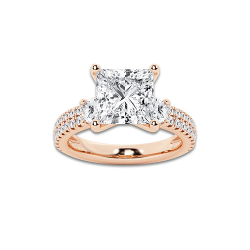 4.96 ctw Princess Lab-Grown Diamond Three Stone Double Row Engagement Ring in 14K Rose Gold for Women | E Color, VS1 Clarity, IGI Certified 4.00 ct Center Diamond