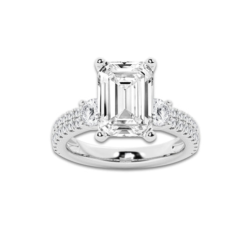 5.96 ctw Emerald Lab-Grown Diamond Three Stone Double Row Engagement Ring in 14K White Gold for Women | E Color, VS1 Clarity, IGI Certified 5.00 ct Center Diamond