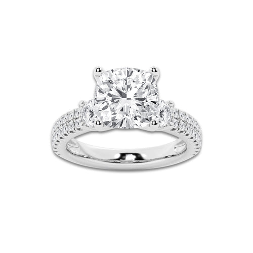 4.96 ctw Cushion Lab-Grown Diamond Three Stone Double Row Engagement Ring in Platinum for Women | E Color, VS1 Clarity, IGI Certified 4.00 ct Center Diamond