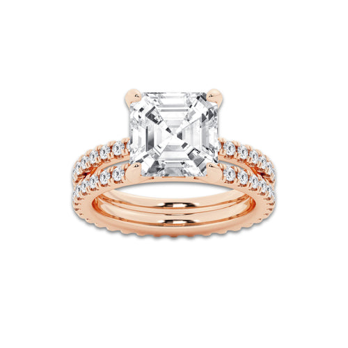 6.22 ctw Asscher Lab-Grown Diamond Double Row Diamond Engagement Ring in 14K Rose Gold for Women | Colorless D, VVS1 Clarity, IGI Certified 5.00 ct Center Diamond