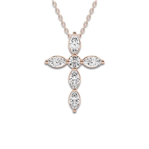 1 ctw Marquise and Round Lab Grown Diamond Cross Pendant with Adjustable Chain 14K Rose Gold, DE, VS1