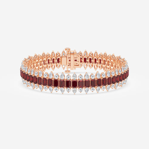 14 1/2 Emerald Cut Created Ruby and Round and Pear Lab Grown Diamond Bracelet - 7 Inches 14K Rose Gold