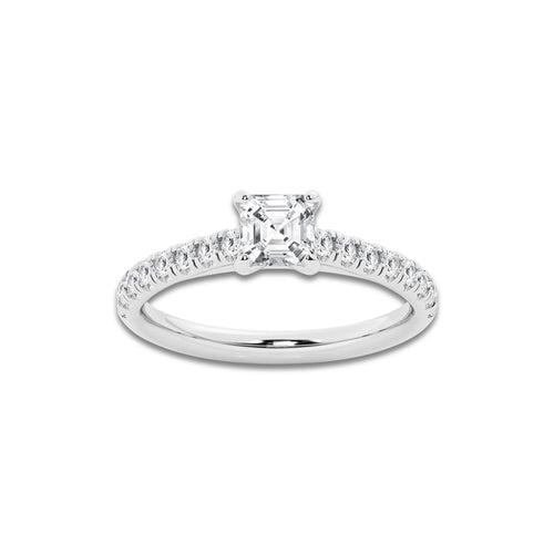 0.89 ctw Asscher Lab-Grown Diamond Pave Engagement Ring in Platinum for Women | E Color, VS1 Clarity, IGI Certified 0.50 ct Center Diamond