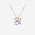 1 1/2 ctw Cushion Lab Grown Diamond Bezel Set Solitaire Pendant with Adjustable Chain 14K Rose Gold, E, VS1 | IGI Certified, 1 1/2 ct Center