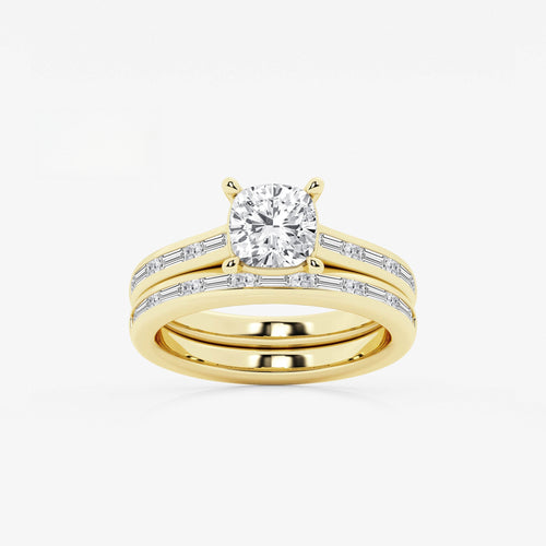 Synergy 2 1/4 ctw Cushion Lab Grown Diamond Baguette and Princess Side Stone Bridal Set 14K Yellow Gold, E, VS1 | IGI Certified, 1 1/2 ct Center
