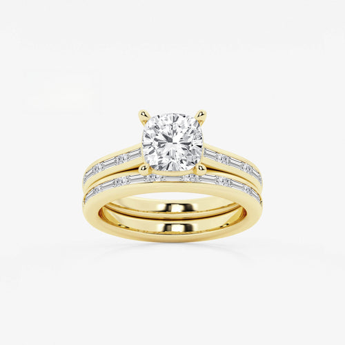 Synergy 2 3/4 ctw Cushion Lab Grown Diamond Baguette and Princess Side Stone Bridal Set 14K Yellow Gold, E, VS1 | IGI Certified, 2 ct Center