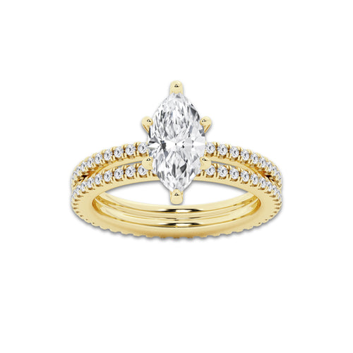 2.19 ctw Marquise Lab-Grown Diamond Double Row Diamond Engagement Ring in 14K Yellow Gold for Women | Colorless E, VS1 Clarity, IGI Certified 1.50 ct Center Diamond