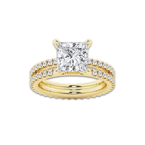 3.89 ctw Princess Lab-Grown Diamond Double Row Diamond Engagement Ring in 14K Yellow Gold for Women | Colorless D, VVS1 Clarity, IGI Certified 3.00 ct Center Diamond