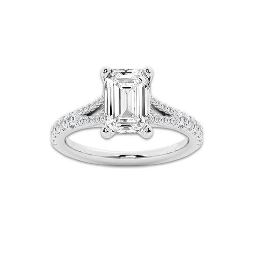 7.66 ctw Emerald Lab-Grown Diamond Split Shank Side Stone Engagement Ring in 14K White Gold for Women | Colorless D, VVS1 Clarity, IGI Certified 7.00 ct Center Diamond
