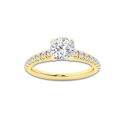 0.89 ctw Cushion Lab-Grown Diamond Pave Engagement Ring in 14K Yellow Gold for Women | E Color, VS1 Clarity, IGI Certified 0.50 ct Center Diamond
