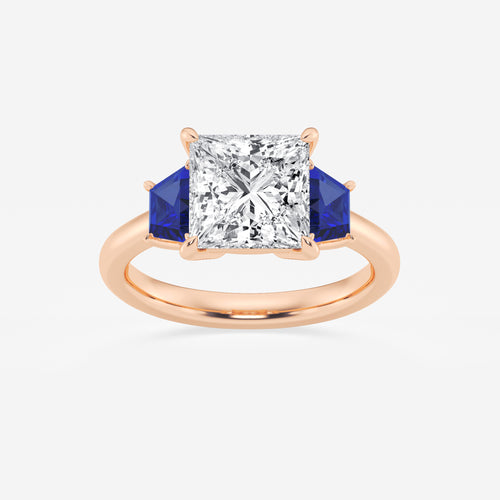 Camellia 3 ctw Princess Lab Grown Diamond and 5.5x3.3x2.2 mm Trapezoid Created Sapphire Three-Stone Ring 14K Rose Gold, E, VS1 | IGI Certified, 3 ct Center