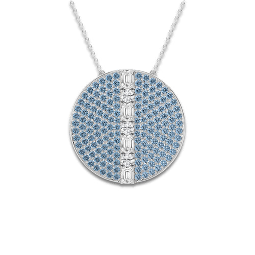 1 3/4 ctw Emerald & Round Lab Grown Diamond 30 mm Disc Pendant with Blue Topaz Side Stones 14K White Gold, DE, VS1