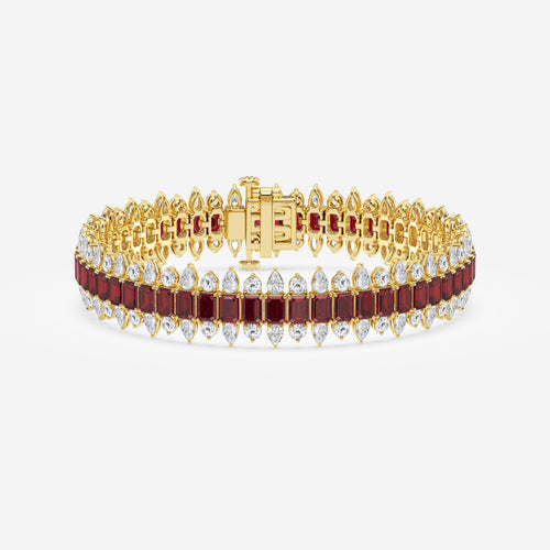 14 1/2 Emerald Cut Created Ruby and Round and Pear Lab Grown Diamond Bracelet - 7 Inches 14K Yellow Gold