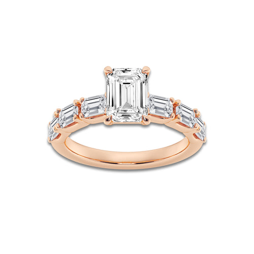 Katie 2 3/4 ctw Emerald Lab Grown Diamond Side Stone Solitaire Engagement Ring 14K Rose Gold, D, VVS | IGI Certified, 1 1/2 ct Center