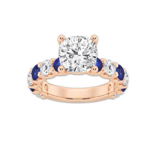 Olivia 3 1/2 ctw Cushion Lab Grown Diamond and 3.5mm Round Created Sapphire Side Stone Engagement Ring 14K Rose Gold, D, VVS | IGI Certified, 2 1/2 ct Center