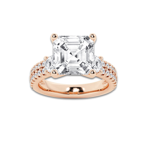 6.96 ctw Asscher Lab-Grown Diamond Three Stone Double Row Engagement Ring in 14K Rose Gold for Women | E Color, VS1 Clarity, IGI Certified 6.00 ct Center Diamond