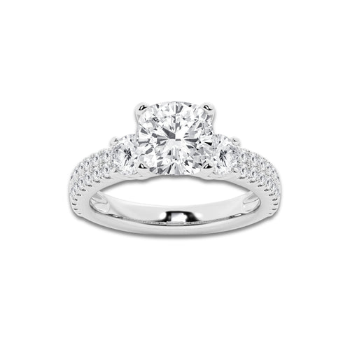 3.50 ctw Cushion Lab-Grown Diamond Three Stone Double Row Engagement Ring in 14K White Gold for Women | D Color, VVS1 Clarity, IGI Certified 2.50 ct Center Diamond