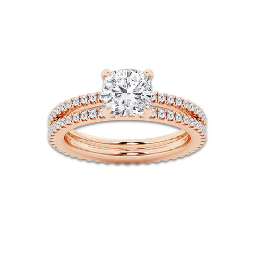 2.19 ctw Cushion Lab-Grown Diamond Double Row Diamond Engagement Ring in 14K Rose Gold for Women | Colorless E, VS1 Clarity, IGI Certified 1.50 ct Center Diamond