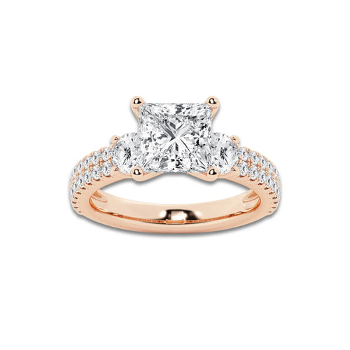 3.50 ctw Princess Lab-Grown Diamond Three Stone Double Row Engagement Ring in 14K Rose Gold for Women | E Color, VS1 Clarity, IGI Certified 2.50 ct Center Diamond