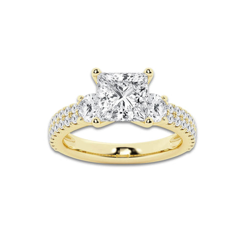 3.50 ctw Princess Lab-Grown Diamond Three Stone Double Row Engagement Ring in 14K Yellow Gold for Women | E Color, VS1 Clarity, IGI Certified 2.50 ct Center Diamond