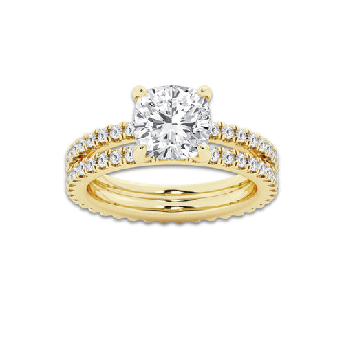 3.39 ctw Cushion Lab-Grown Diamond Double Row Diamond Engagement Ring in 14K Yellow Gold for Women | Colorless E, VS1 Clarity, IGI Certified 2.50 ct Center Diamond