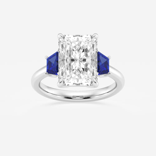 Camellia 5 ctw Radiant Lab Grown Diamond and 5.5x3.3x2.2 mm Trapezoid Created Sapphire Three-Stone Ring Platinum, E, VS1 | IGI Certified, 5 ct Center