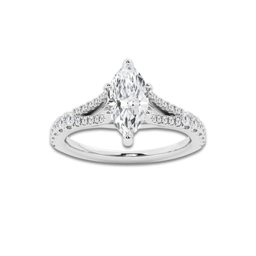 1.08 ctw Marquise Lab-Grown Diamond Split Shank Side Stone Engagement Ring in Platinum for Women | Colorless E, VS1 Clarity, IGI Certified 0.75 ct Center Diamond
