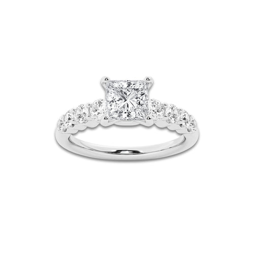 1.29 Ct Princess Lab-Grown Diamond Half Eternity Engagement Ring in 14K White Gold for Female, Colorless (E), VS1 Clarity | IGI Certified, 0.75 Ct Center Diamond