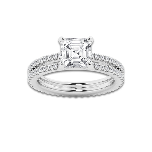 2.69 ctw Asscher Lab-Grown Diamond Double Row Diamond Engagement Ring in 14K White Gold for Women | Colorless E, VS1 Clarity, IGI Certified 2.00 ct Center Diamond