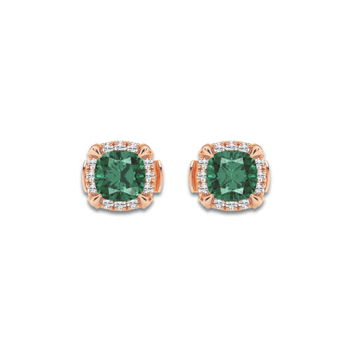 7.0X7.0 mm Cushion Cut Created Emerald and 1/3 ctw Round Lab Grown Diamond Shadow Halo Stud Earrings 14K Rose Gold
