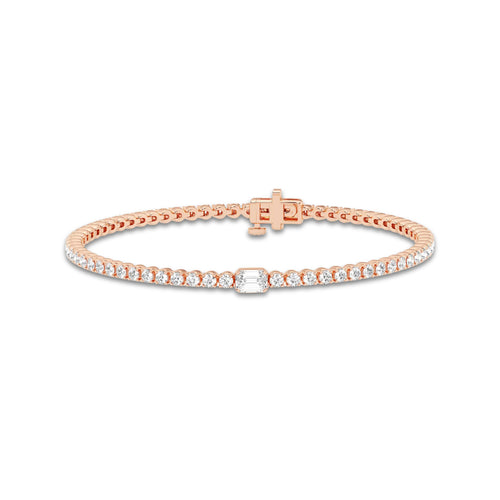 3 ctw Emerald Lab Grown Diamond Single Station Tennis Bracelet - 7 Inches 14K Rose Gold, DE, VS1 | 1/3 ct Center