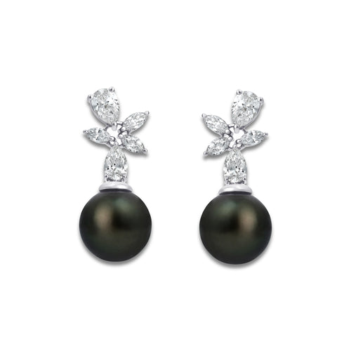 11 mm Tahitian Pearl with 2 ctw Lab Grown Diamond Drop Earrings 14K White Gold, Tahitan