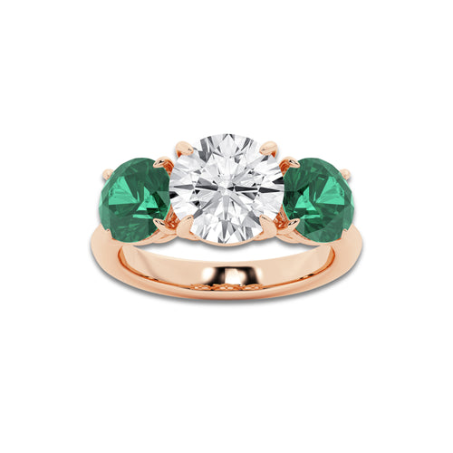 Hibiscus 3 ctw Round Lab Grown Diamond and 7.2 mm Round Shape Created Emerald Three-Stone Engagement Ring 14K Rose Gold, D, VVS | IGI Certified, 3 ct Center
