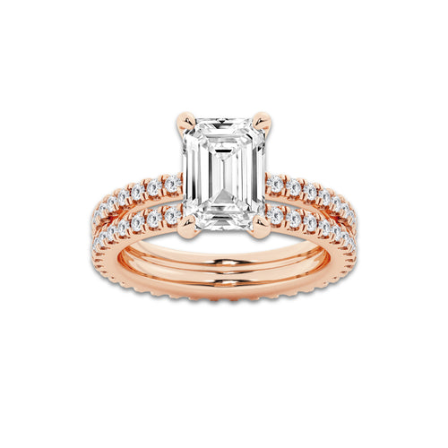 3.89 ctw Emerald Lab-Grown Diamond Double Row Diamond Engagement Ring in 14K Rose Gold for Women | Colorless D, VVS1 Clarity, IGI Certified 3.00 ct Center Diamond