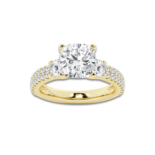 4.00 ctw Cushion Lab-Grown Diamond Three Stone Double Row Engagement Ring in 14K Yellow Gold for Women | E Color, VS1 Clarity, IGI Certified 3.00 ct Center Diamond