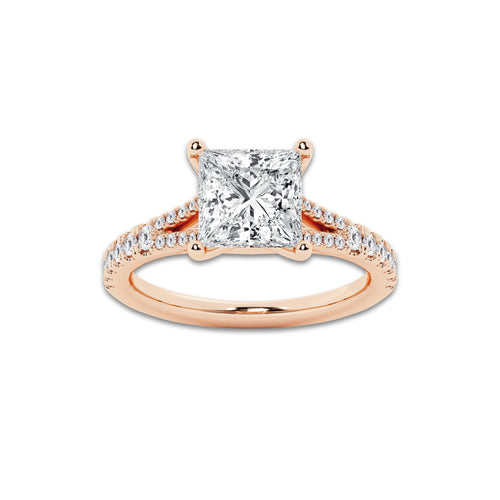 2.83 ctw Princess Lab-Grown Diamond Split Shank Side Stone Engagement Ring in 14K Rose Gold for Women | Colorless E, VS1 Clarity, IGI Certified 2.50 ct Center Diamond