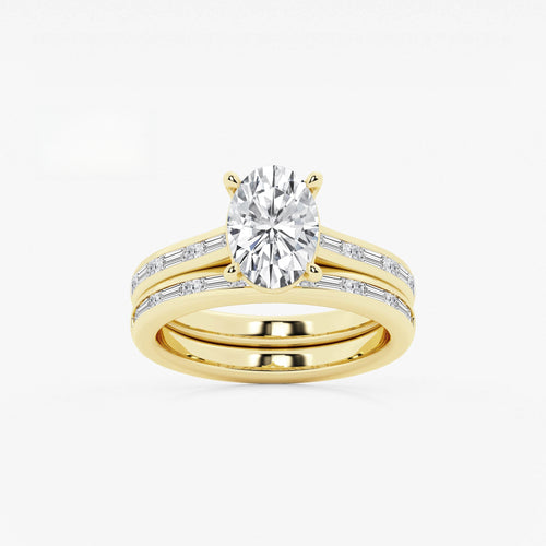 Synergy 2 3/4 ctw Oval Lab Grown Diamond Baguette and Princess Side Stone Bridal Set 14K Yellow Gold, E, VS1 | IGI Certified, 2 ct Center