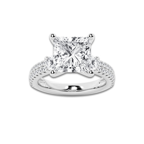 5.96 ctw Princess Lab-Grown Diamond Three Stone Double Row Engagement Ring in Platinum for Women | E Color, VS1 Clarity, IGI Certified 5.00 ct Center Diamond