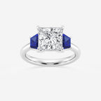 Camellia 3 ctw Princess Lab Grown Diamond and 5.5x3.3x2.2 mm Trapezoid Created Sapphire Three-Stone Ring Platinum, E, VS1 | IGI Certified, 3 ct Center