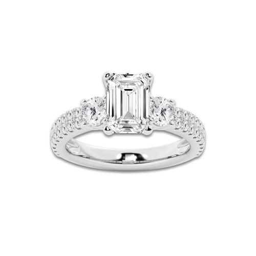 3.50 ctw Emerald Lab-Grown Diamond Three Stone Double Row Engagement Ring in Platinum for Women | D Color, VVS1 Clarity, IGI Certified 2.50 ct Center Diamond