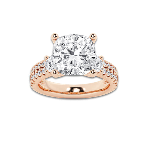 6.96 ctw Cushion Lab-Grown Diamond Three Stone Double Row Engagement Ring in 14K Rose Gold for Women | E Color, VS1 Clarity, IGI Certified 6.00 ct Center Diamond