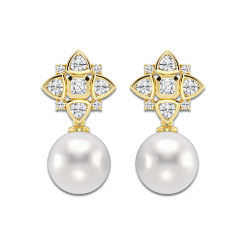 14 mm Cultured Freshwater Pearl and 2 ctw Lab Grown Diamond Earrings 14K Yellow Gold