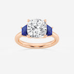 Camellia 4 ctw Cushion Lab Grown Diamond and 5.5x3.3x2.2 mm Trapezoid Created Sapphire Three-Stone Ring 14K Rose Gold, E, VS1 | IGI Certified, 4 ct Center