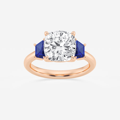 Camellia 4 ctw Cushion Lab Grown Diamond and 5.5x3.3x2.2 mm Trapezoid Created Sapphire Three-Stone Ring 14K Rose Gold, E, VS1 | IGI Certified, 4 ct Center